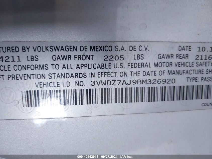 3VWDZ7AJ9BM326920 2011 Volkswagen Jetta 2.5L Se