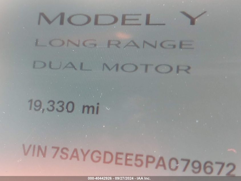 2023 Tesla Model Y Awd/Long Range Dual Motor All-Wheel Drive VIN: 7SAYGDEE5PA079672 Lot: 40442926