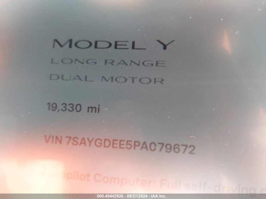 2023 Tesla Model Y Awd/Long Range Dual Motor All-Wheel Drive VIN: 7SAYGDEE5PA079672 Lot: 40442926