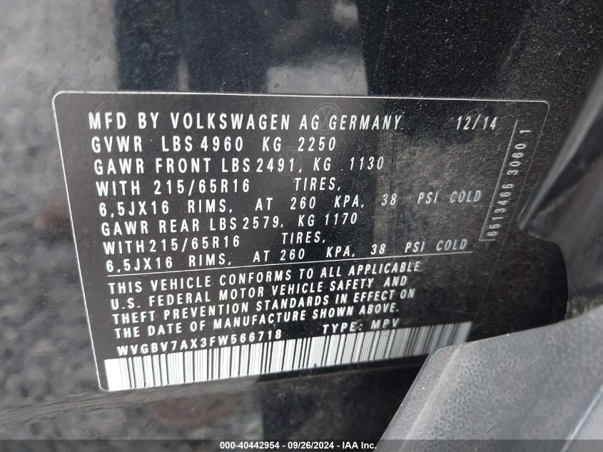 WVGBV7AX3FW566718 2015 Volkswagen Tiguan S