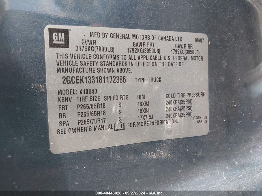 2GCEK133181172386 2008 Chevrolet Silverado 1500 Lt1