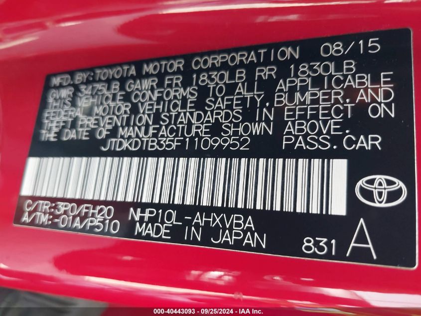 JTDKDTB35F1109952 2015 Toyota Prius C One