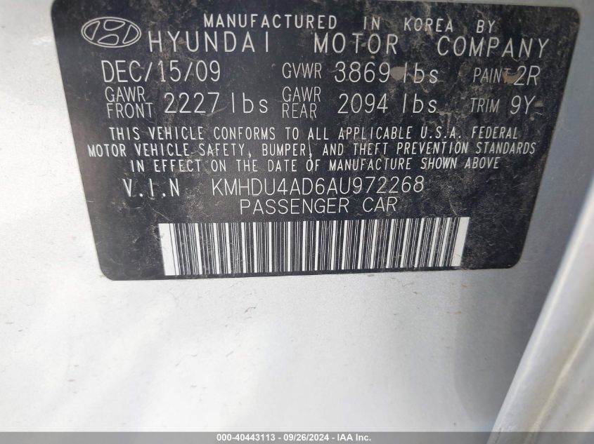 2010 Hyundai Elantra Gls VIN: KMHDU4AD6AU972268 Lot: 40443113