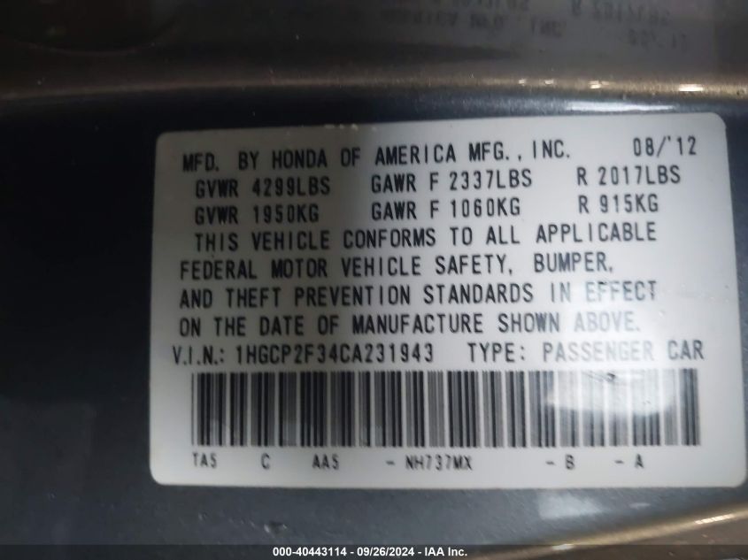 1HGCP2F34CA231943 2012 Honda Accord Lx