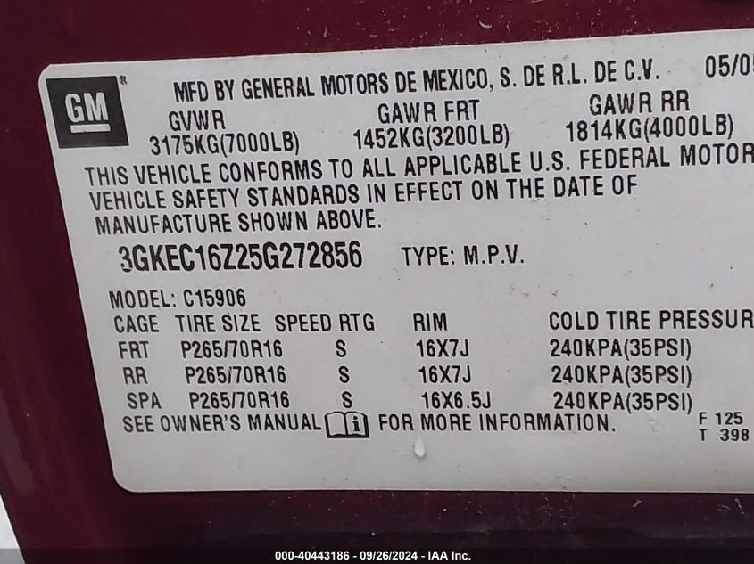 2005 GMC Yukon Xl 1500 Slt VIN: 3GKEC16Z25G272856 Lot: 40443186