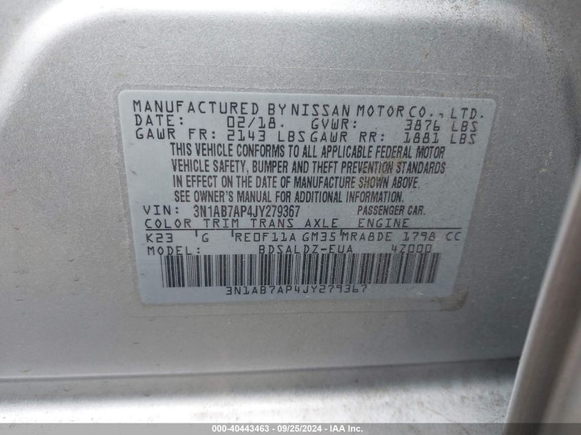 3N1AB7AP4JY279367 2018 Nissan Sentra Sv