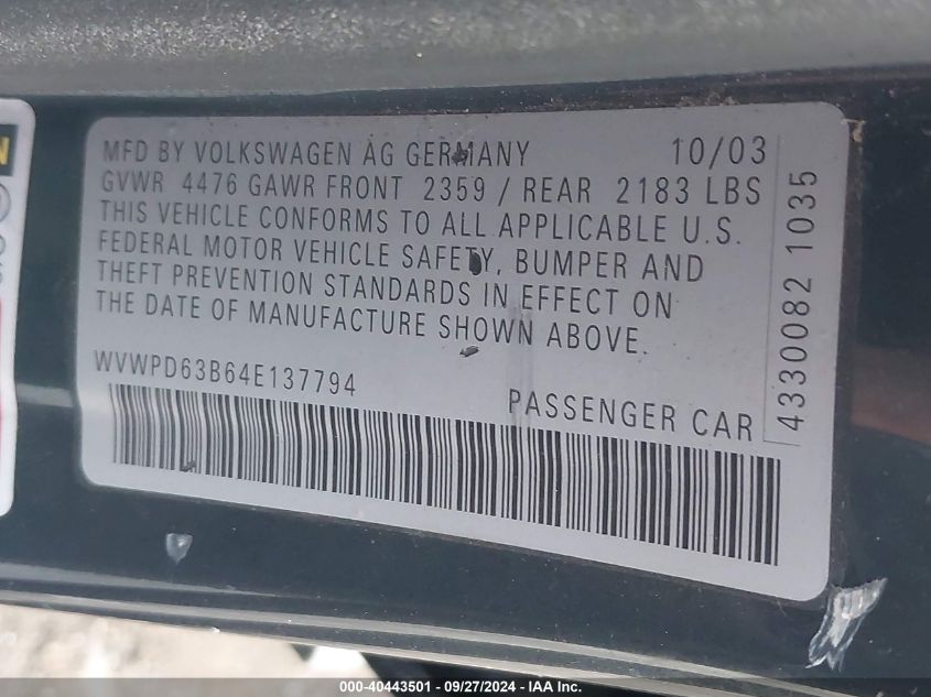 WVWPD63B64E137794 2004 Volkswagen Passat Gls