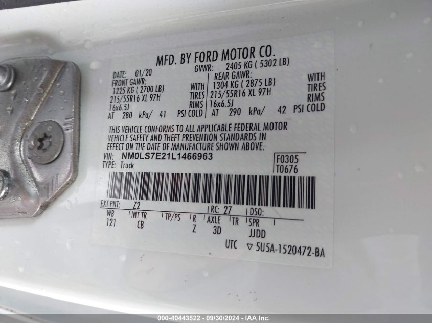 NM0LS7E21L1466963 2020 Ford Transit Connect Xl