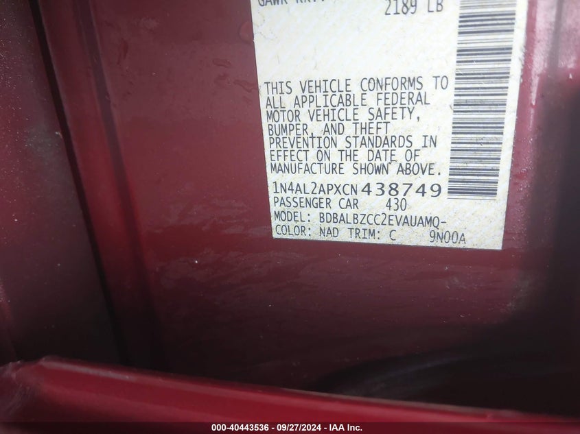 1N4AL2APXCN438749 2012 Nissan Altima 2.5 S