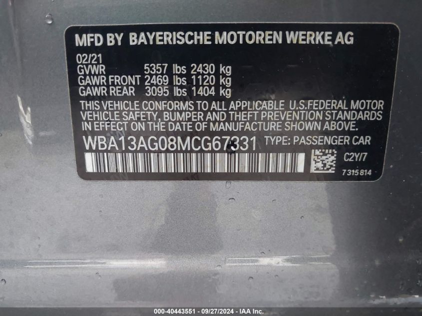 VIN WBA13AG08MCG67331 2021 BMW 5 Series, 530E no.9