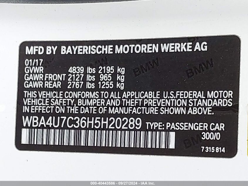 2017 BMW 430I VIN: WBA4U7C36H5H20289 Lot: 40443586