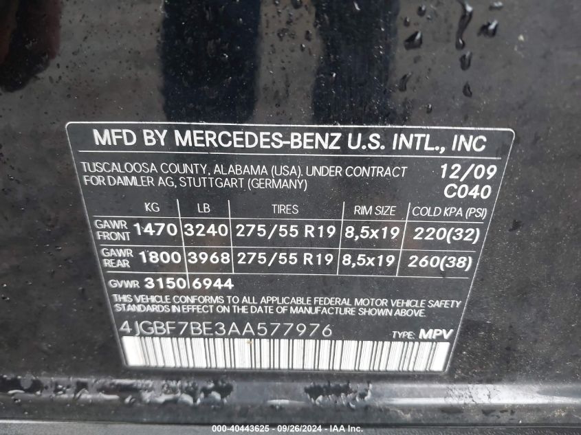 4JGBF7BE3AA577976 2010 Mercedes-Benz Gl 450 4Matic