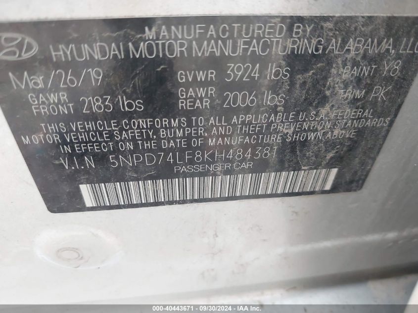 5NPD74LF8KH484381 2019 Hyundai Elantra Se