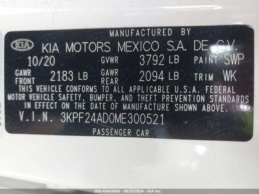 2021 Kia Forte Lxs VIN: 3KPF24AD0ME300521 Lot: 40443684