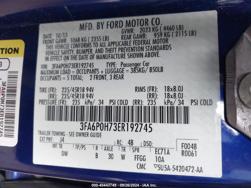 2014 FORD FUSION SE - 3FA6P0H73ER192745