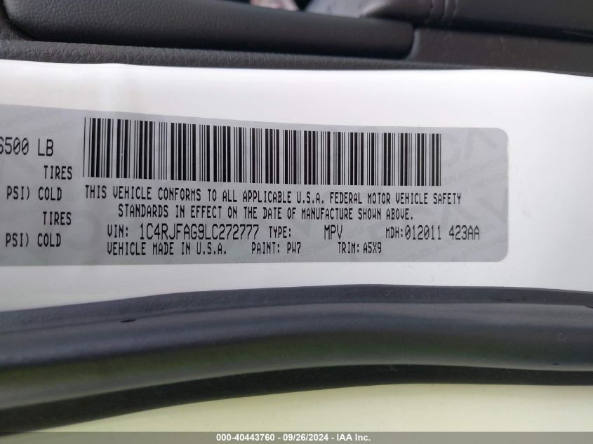 2020 Jeep Grand Cherokee Laredo E 4X4 VIN: 1C4RJFAG9LC272777 Lot: 40443760