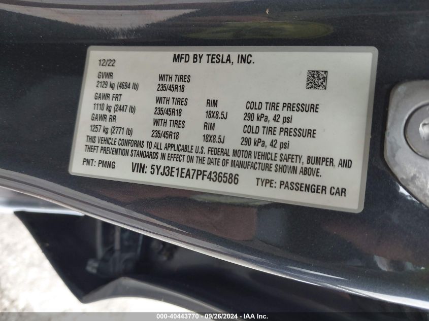 2023 Tesla Model 3 VIN: 5YJ3E1EA7PF436586 Lot: 40443770