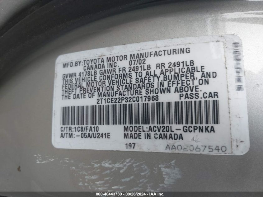 2T1CE22P32C017968 2002 Toyota Camry Solara Se