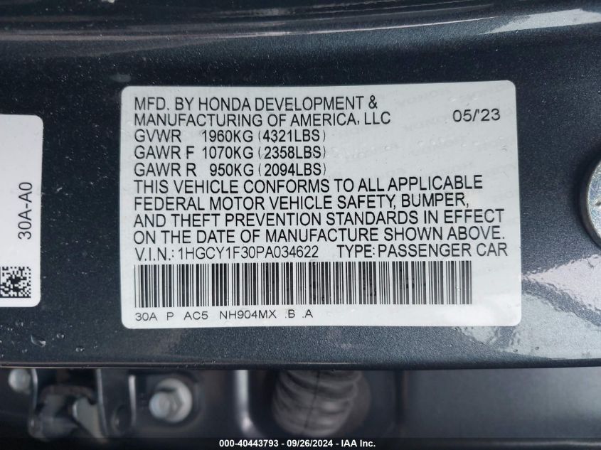 2023 Honda Accord Ex VIN: 1HGCY1F30PA034622 Lot: 40633186