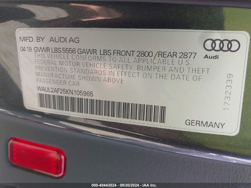 WAUL2AF25KN105965 2019 Audi A6 55 Premium