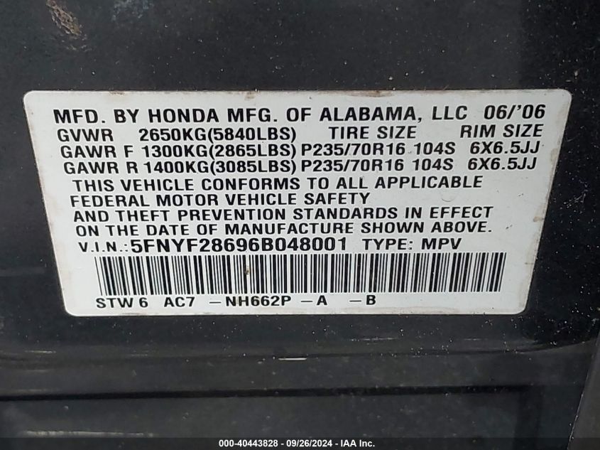 2006 Honda Pilot Ex-L VIN: 5FNYF28696B048001 Lot: 40443828