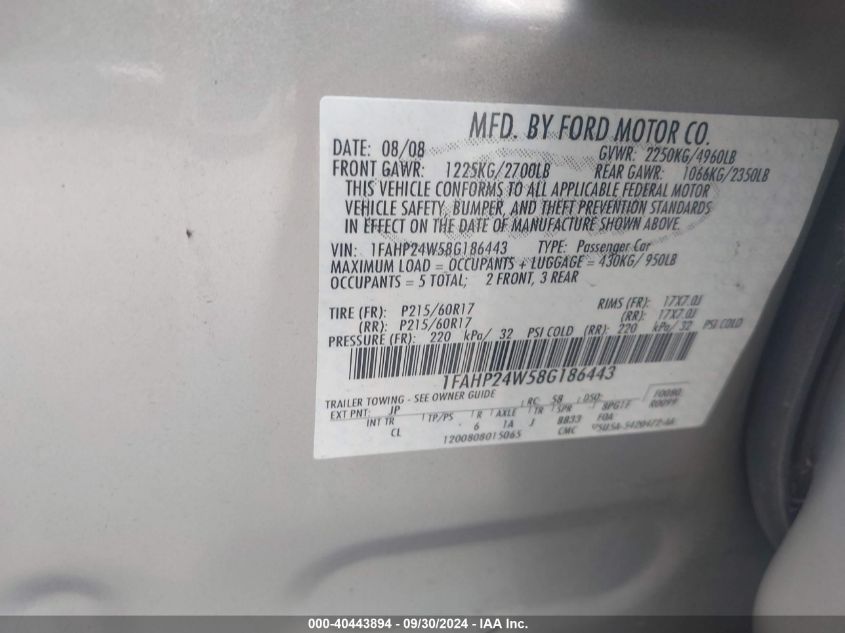 1FAHP24W58G186443 2008 Ford Taurus Sel