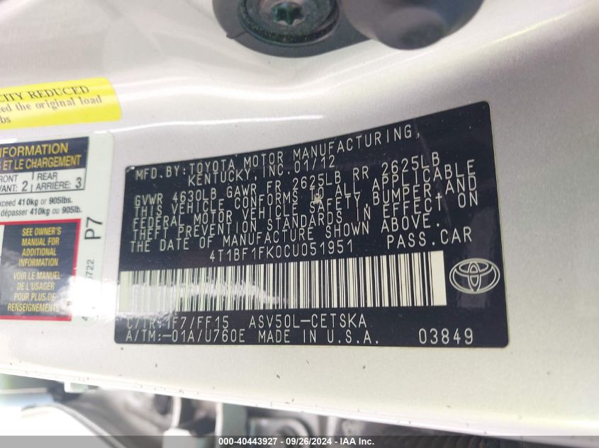 4T1BF1FK0CU051951 2012 Toyota Camry L/Le/Se/Se Limited Edition/Xle