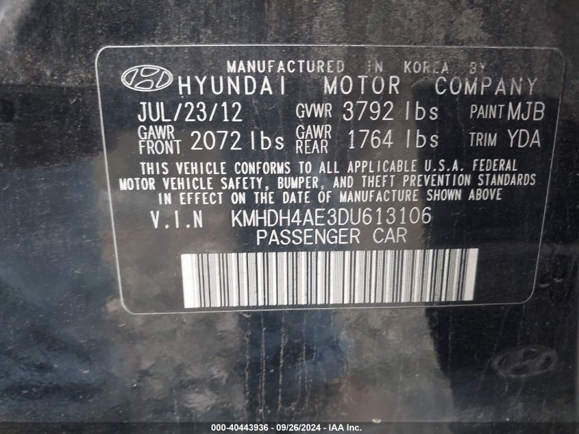 2013 Hyundai Elantra Gls VIN: KMHDH4AE3DU613106 Lot: 40443936