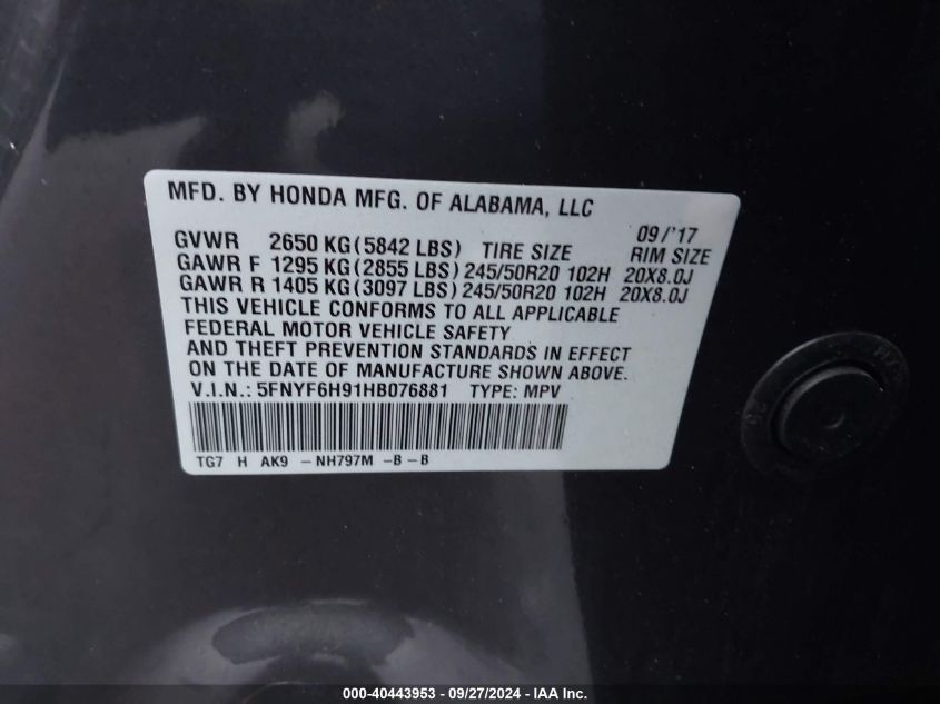 5FNYF6H91HB076881 2017 Honda Pilot Touring