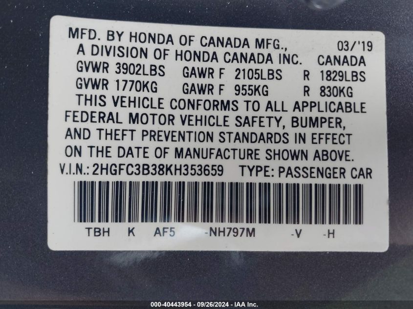 2HGFC3B38KH353659 2019 Honda Civic Ex