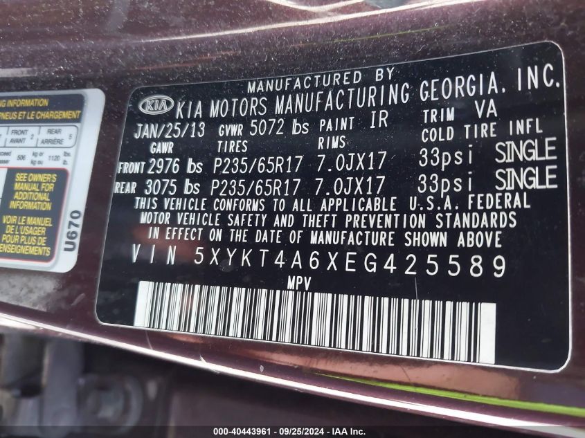 2014 Kia Sorento Lx VIN: 5XYKT4A6XEG425589 Lot: 40443961