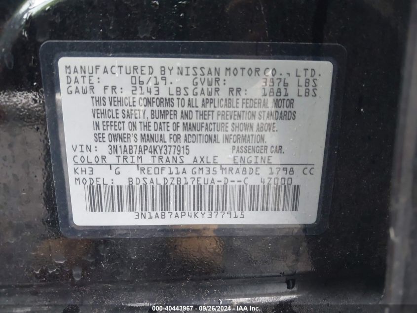 3N1AB7AP4KY377915 2019 Nissan Sentra S/Sv/Sr/Sl