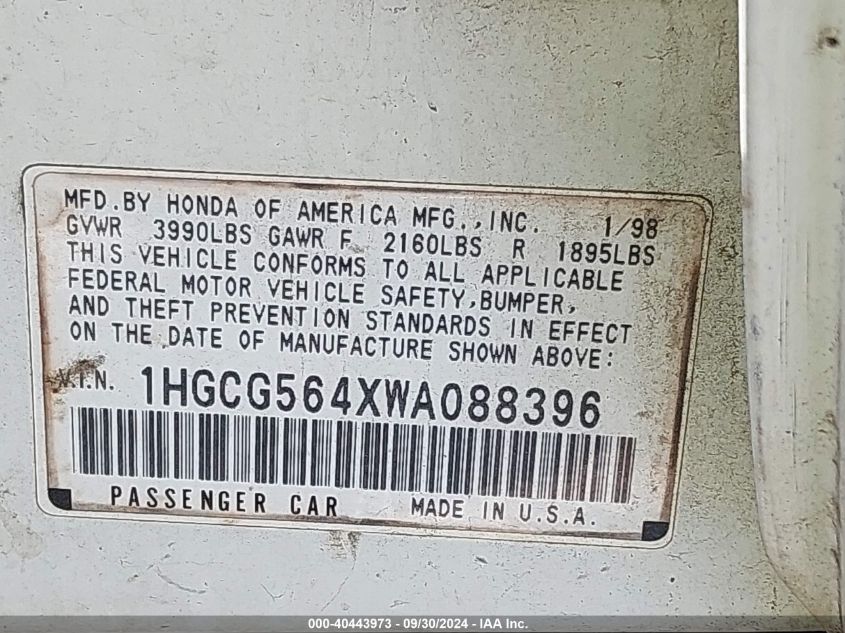 1HGCG564XWA088396 1998 Honda Accord Lx