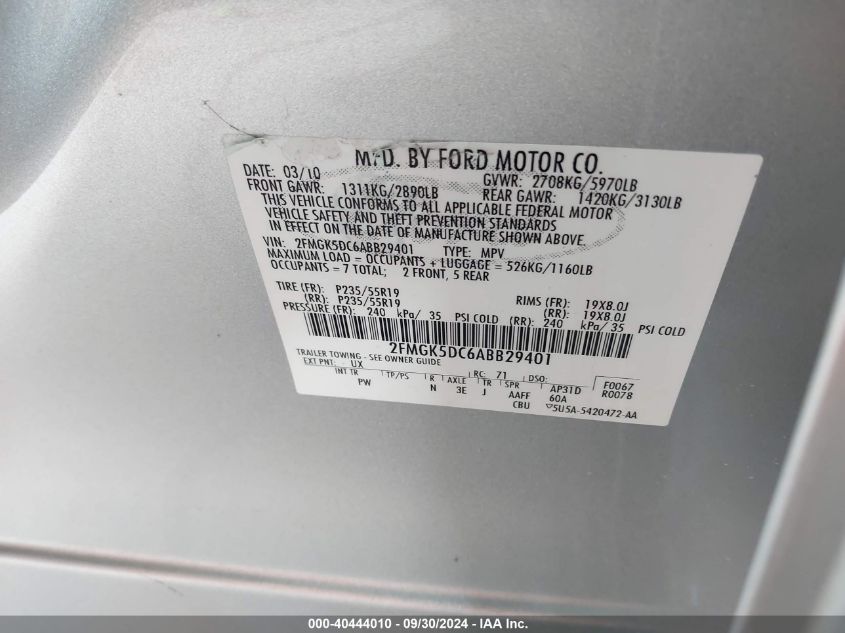 2FMGK5DC6ABB29401 2010 Ford Flex Limited