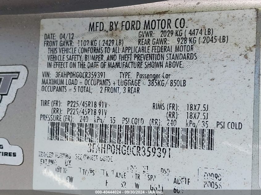 2012 Ford Fusion Se VIN: 3FAHP0HG0CR359391 Lot: 40444024