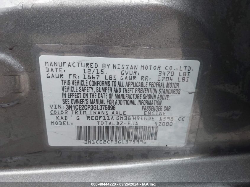 3N1CE2CP3GL375996 2016 Nissan Versa Note S (Sr)/S Plus/Sl/Sr/Sv