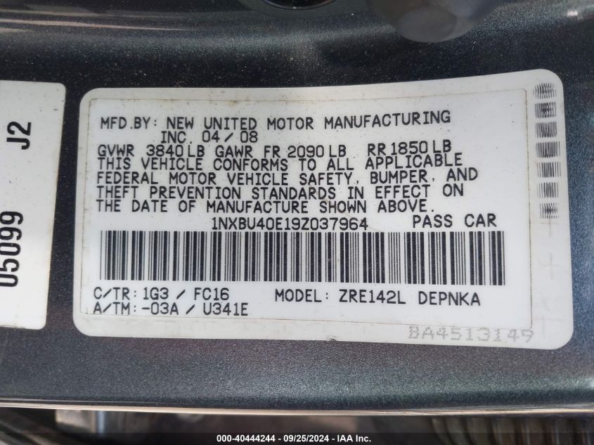 2009 Toyota Corolla Xle VIN: 1NXBU40E19Z037964 Lot: 40444244