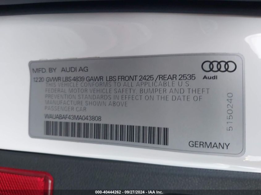 2021 Audi A4 Premium 40 VIN: WAUABAF43MA043808 Lot: 40444262