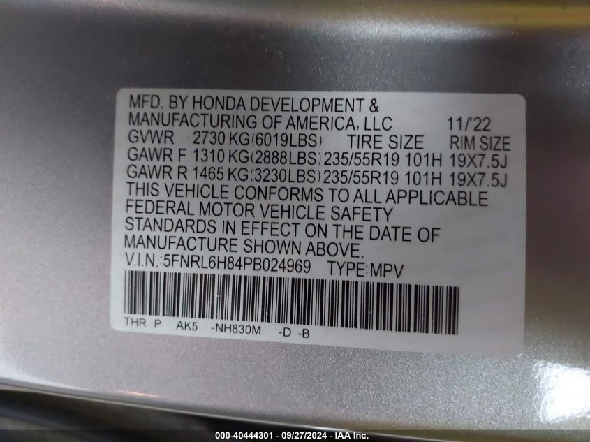 2023 Honda Odyssey Touring VIN: 5FNRL6H84PB024969 Lot: 40444301