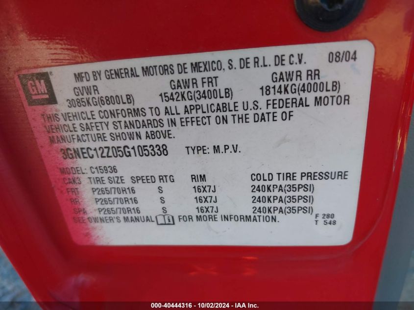 3GNEC12Z05G105338 2005 Chevrolet Avalanche 1500 Ls