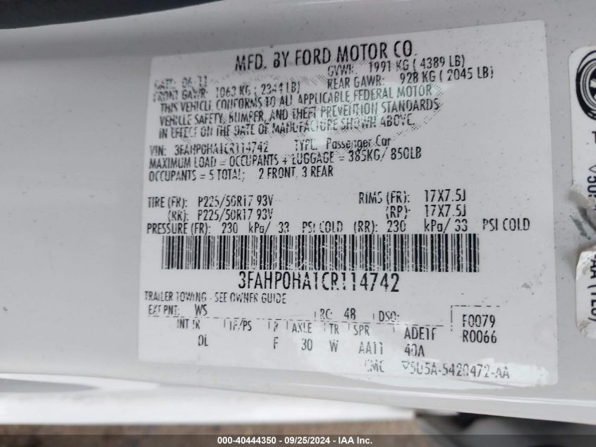 2012 Ford Fusion Se VIN: 3FAHP0HA1CR114742 Lot: 40444350