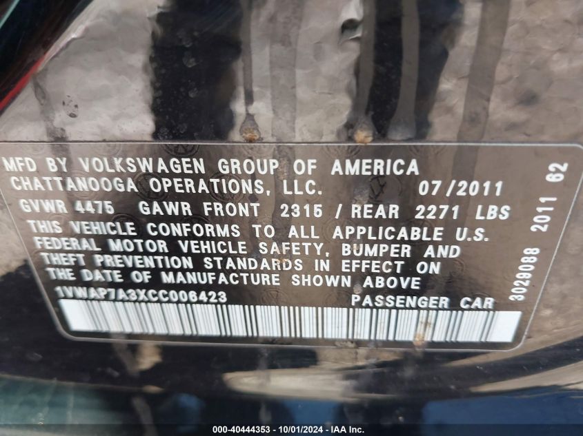 1VWAP7A3XCC006423 2012 Volkswagen Passat 2.5L S