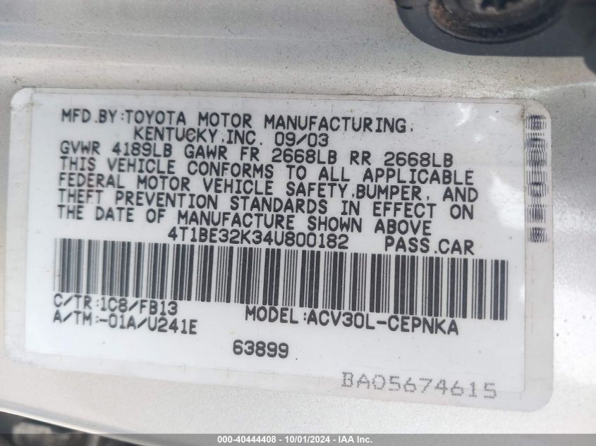 4T1BE32K34U800182 2004 Toyota Camry Le