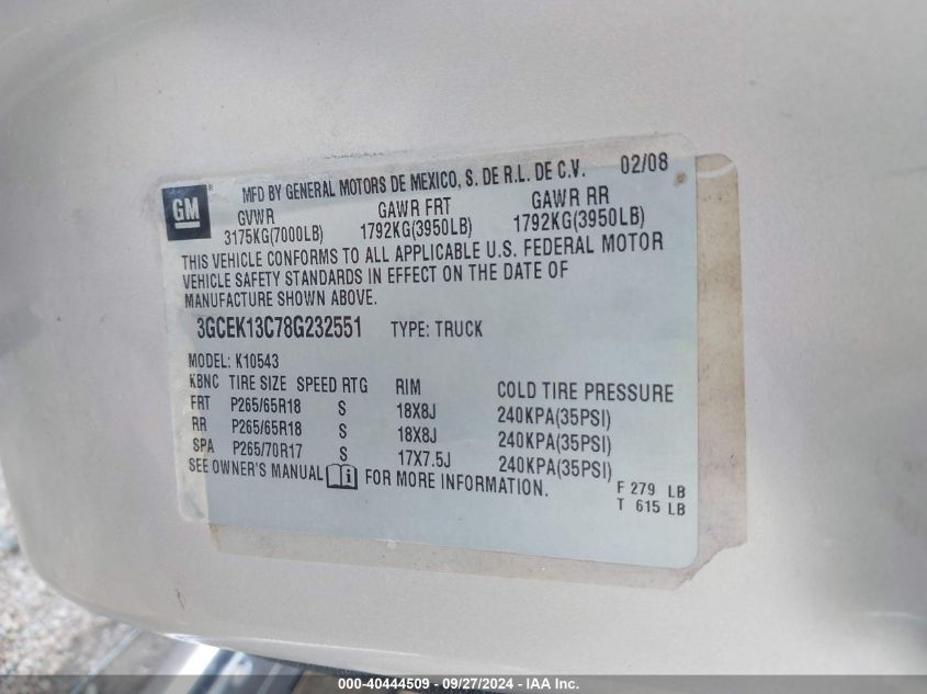 3GCEK13C78G232551 2008 Chevrolet Silverado 1500 Lt1