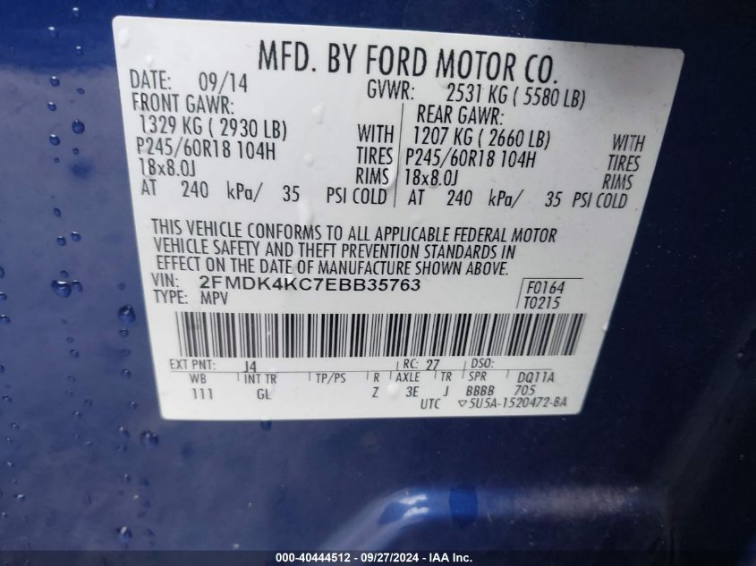 2FMDK4KC7EBB35763 2014 Ford Edge Limited