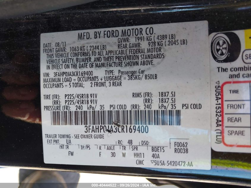 2012 Ford Fusion Sel VIN: 3FAHP0JA3CR169400 Lot: 40444522