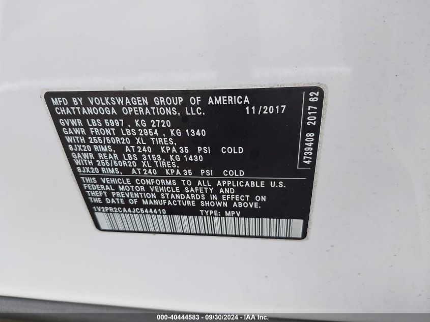 1V2PR2CA4JC544410 2018 Volkswagen Atlas 3.6L V6 Se W/Technology