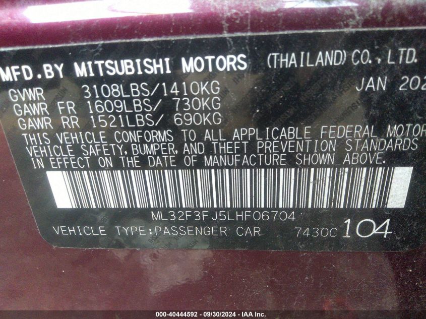 ML32F3FJ5LHF06704 2020 Mitsubishi Mirage G4 Es