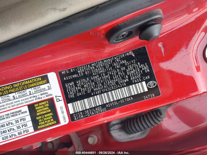 4T4BF1FK3CR224318 2012 Toyota Camry Xle