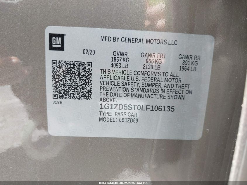 2020 Chevrolet Malibu Fwd Lt VIN: 1G1ZD5ST0LF106135 Lot: 40444643